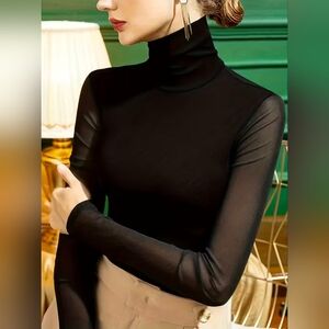 Elegant Black Turtleneck Sheer Long Sleeve Fitted Top